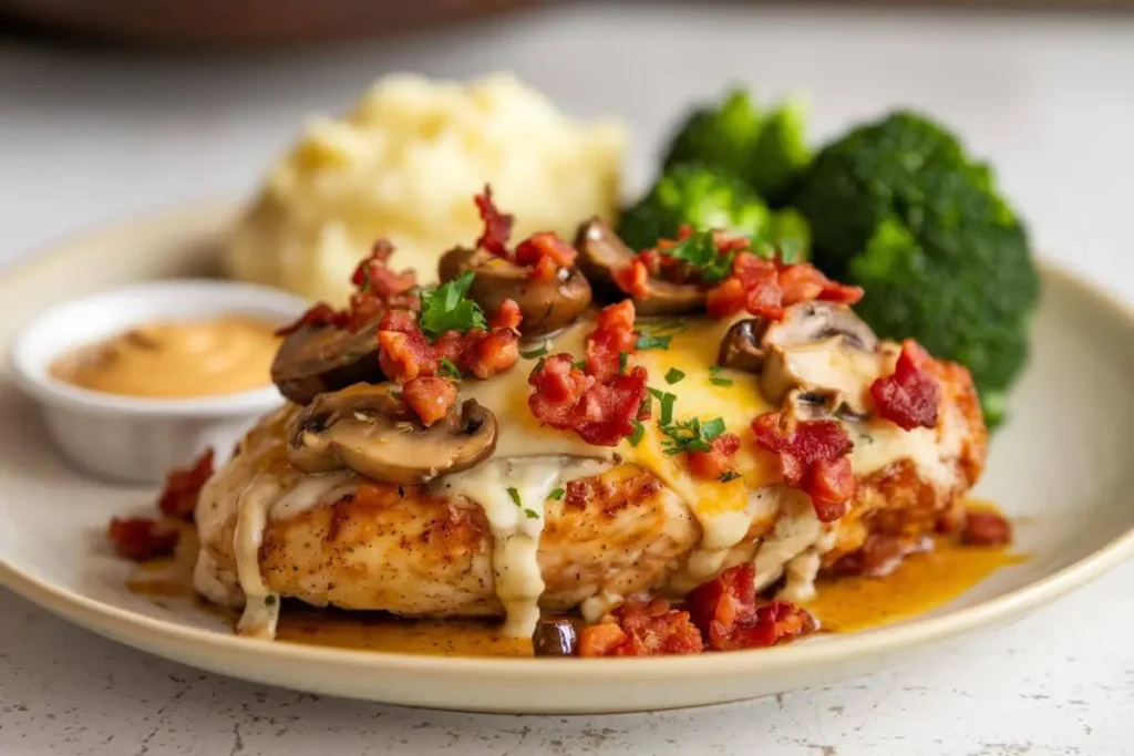 Plated Alice Springs Chicken topped with cheese, turkey bacon, and mushrooms, served with mashed potatoes and broccoli