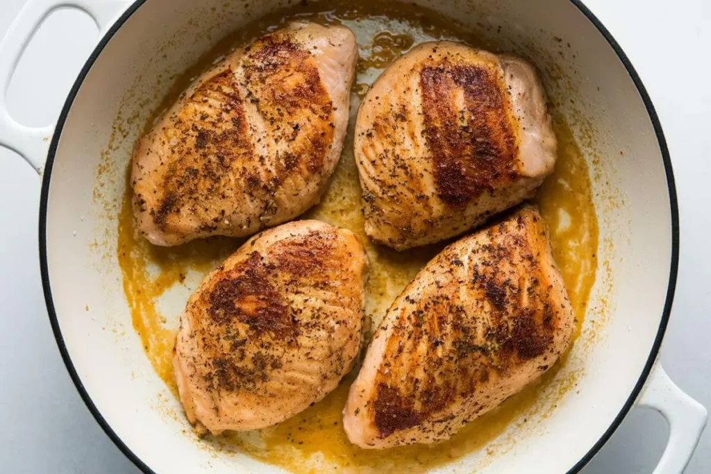 Golden-brown seared chicken breasts in a white skillet