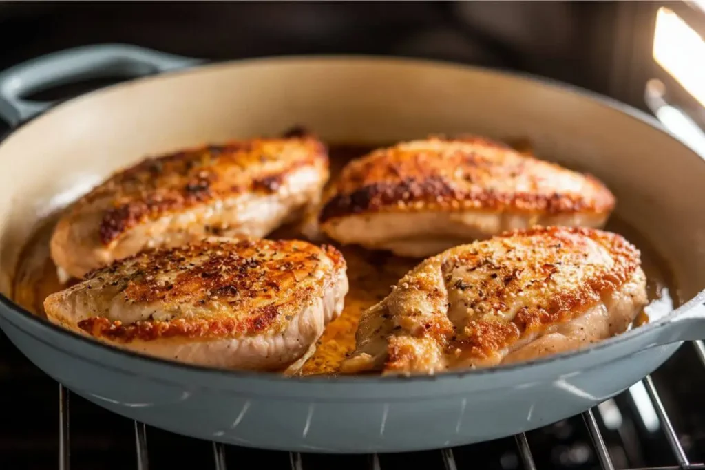 Golden-brown chicken breasts with crispy edges in a white oven-safe skillet inside the oven