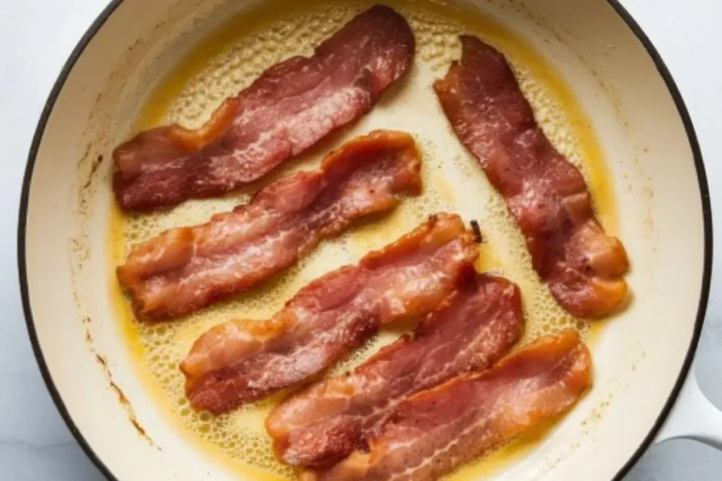 Golden-brown crispy turkey bacon sizzling in a white skillet, perfectly cooked for Alice Springs Chicken