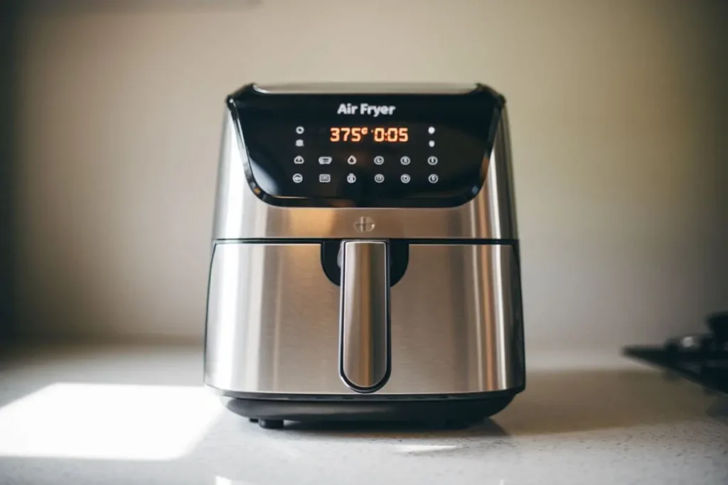 Air fryer cooking chicken breasts with crispy golden-brown crust.