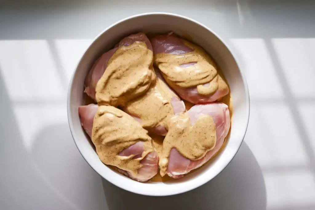 Chicken breasts marinating in a bowl with Alice Springs Chicken seasoning mixture