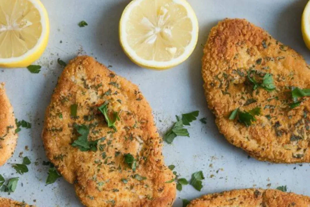 Close-up of crispy baked chicken cutlets in oven, showing a golden-brown crust