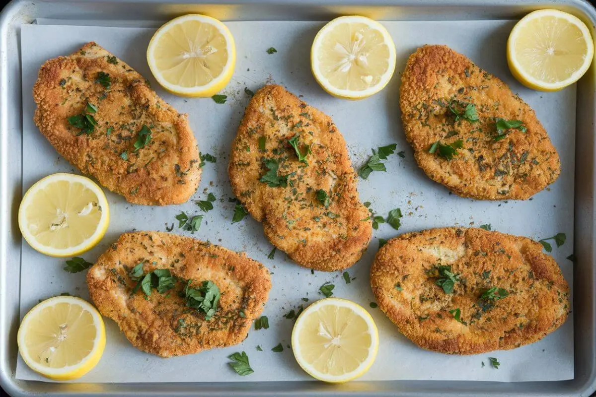 A photo of golden-brown baked chicken cutlets on a parchment-lined baking sheet, garnished with parsley and lemon slices