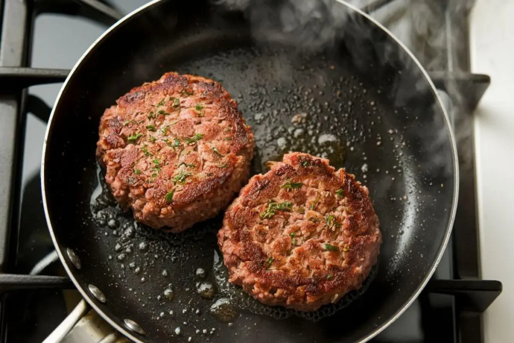 Beef breakfast sausage patties cooking in a skillet, sprinkled with fresh herbs