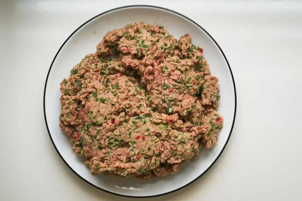 Seasoned beef breakfast sausage crumbles in a bowl, ready for cooking.