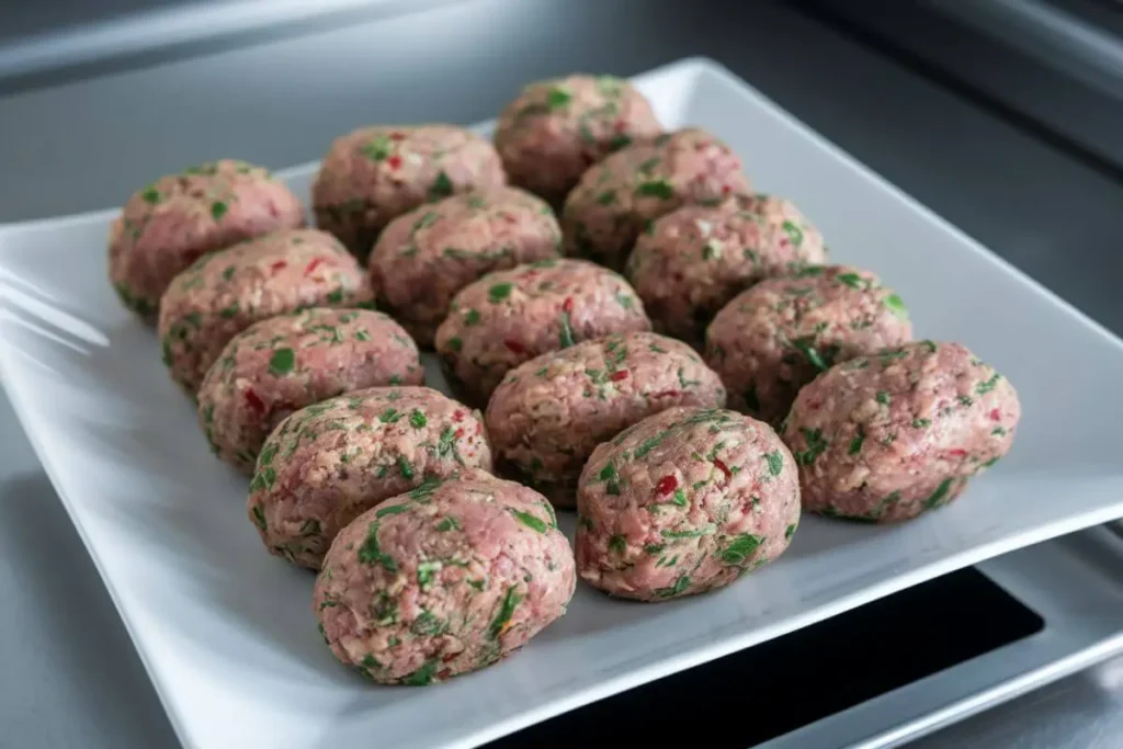 Beef breakfast sausage links seasoned with herbs, ready to be cooked, displayed on a white plate.