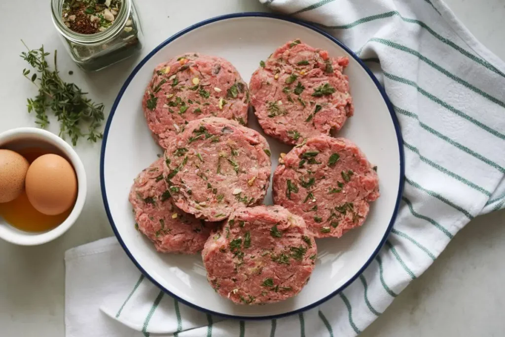 beef breakfast sausage patties seasoned with herbs ready for cooking, beside fresh eggs and spices.