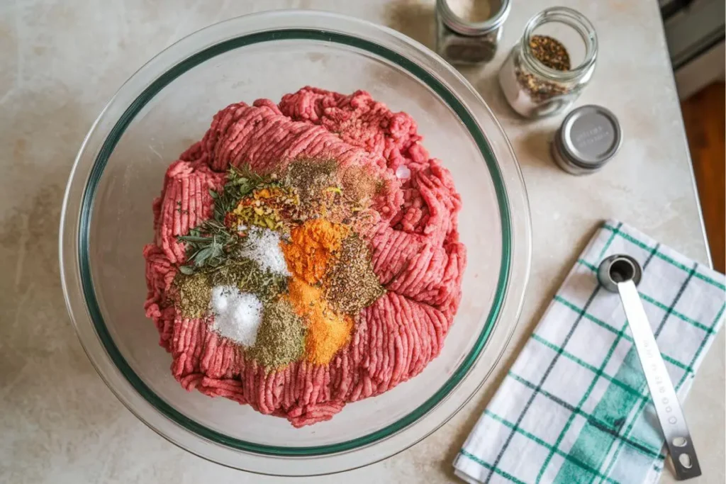 Mixing fresh beef sausage ingredients in a bowl, adding spices and herbs for flavor