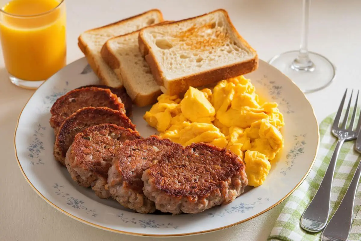 Served beef breakfast sausage with scrambled eggs and toast, ready to eat