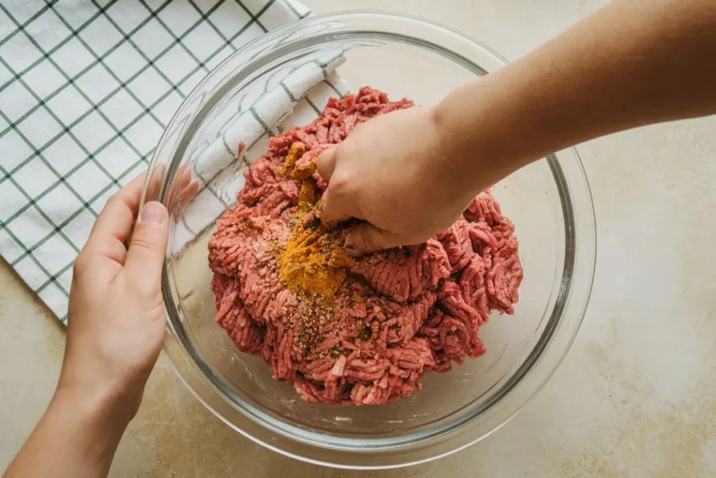 Preparing beef breakfast sausage with spices and herbs mixed by hand in a glass bowl