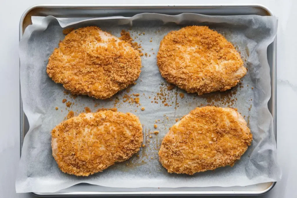 Raw breaded chicken cutlets on a parchment-lined baking sheet