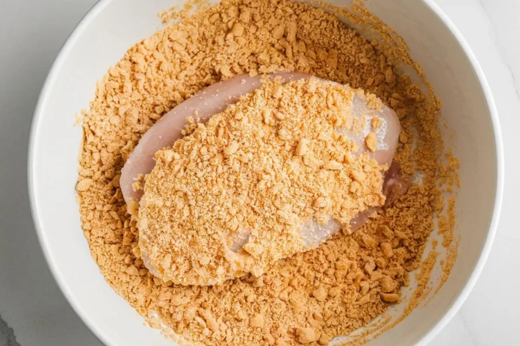 Chicken breast coated in breadcrumbs during breading