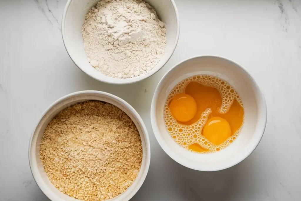 Three bowls with flour, beaten eggs, and breadcrumbs on a clean countertop