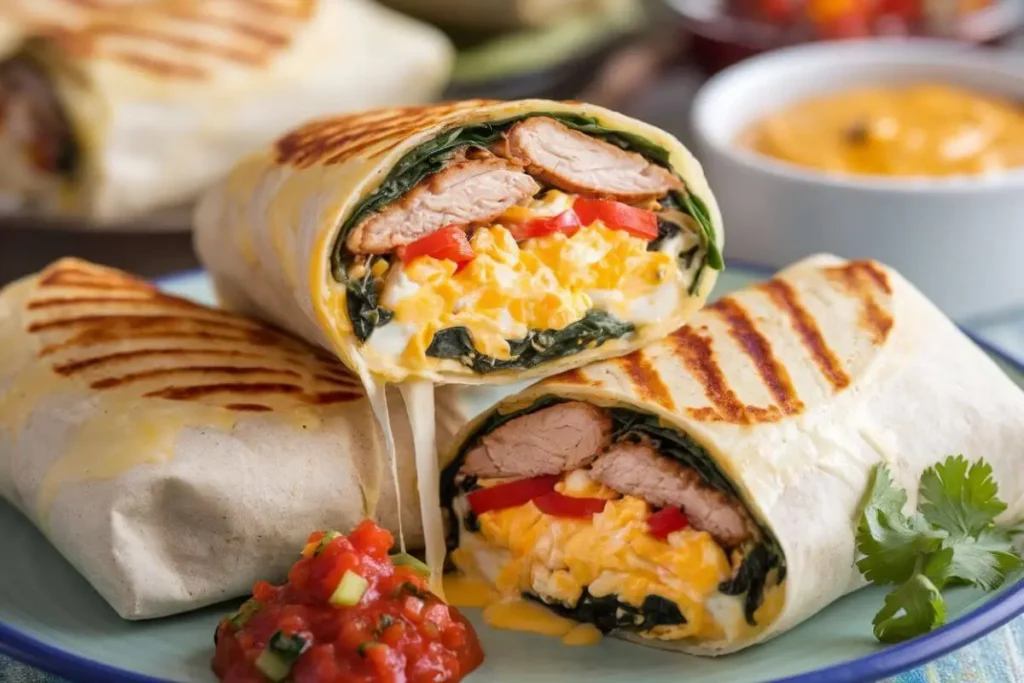 Breakfast Burrito Healthy Macros: An open breakfast burrito with grilled chicken, creamy eggs, crisp bell peppers, and melted cheese