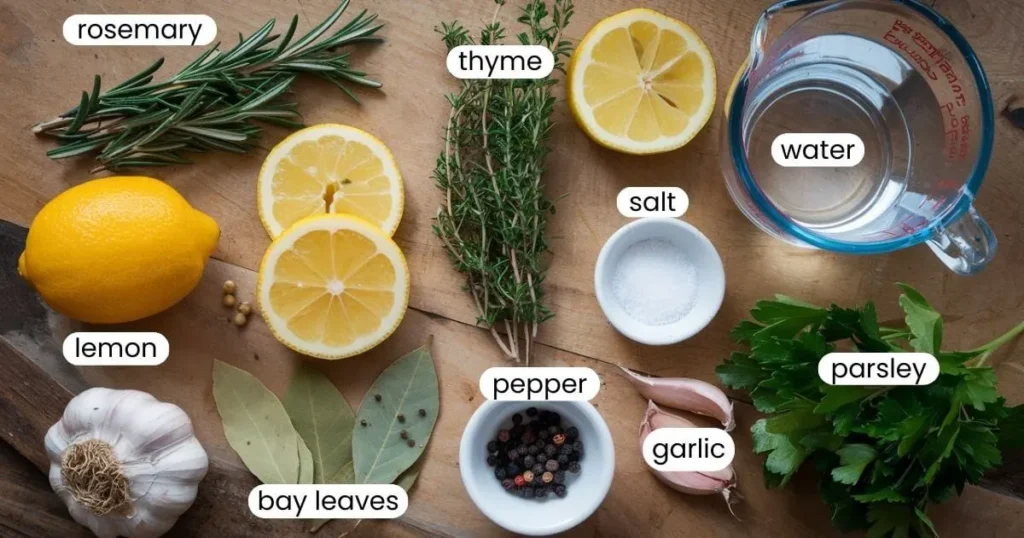 Fresh brine ingredients for chicken, including garlic cloves, sliced lemon, rosemary, thyme, parsley, peppercorns, and salt, arranged neatly for a simple chicken brine recipe