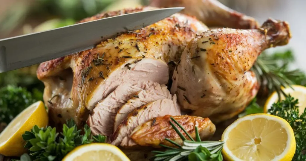 Carving a juicy roasted chicken that was brined to perfection, showing the results of a successful brine chicken recipe.