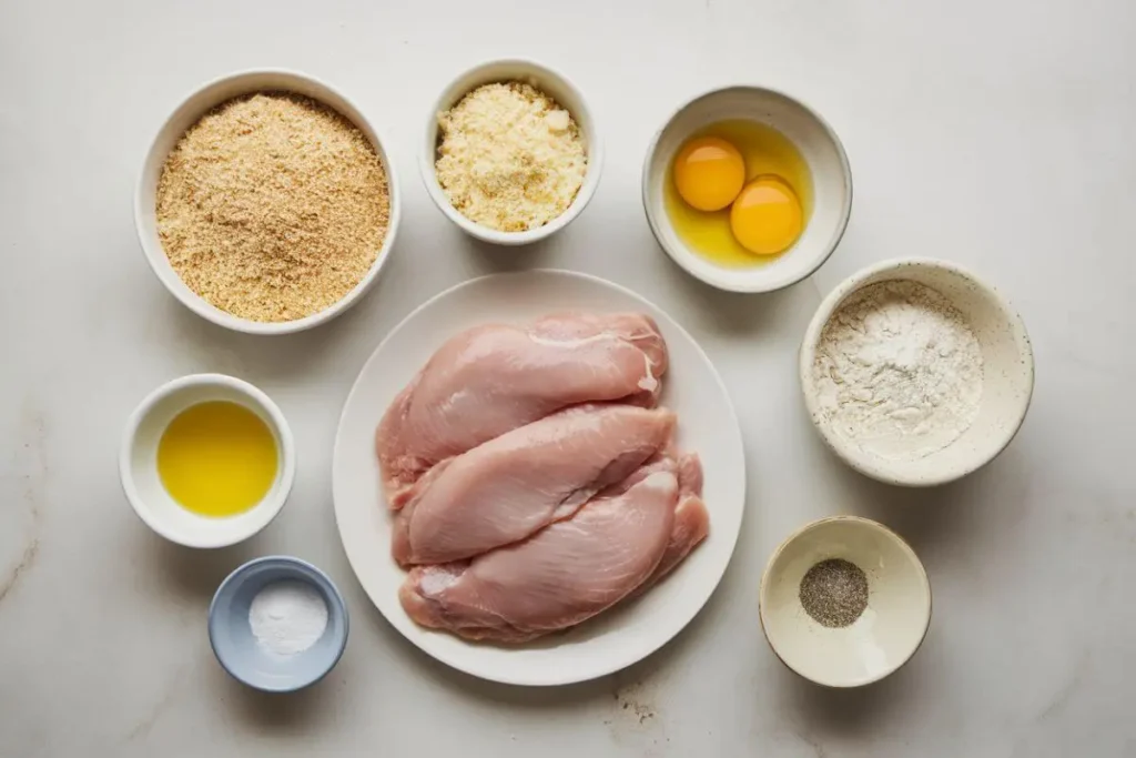  Ingredients for baked chicken cutlets neatly arranged on a white countertop