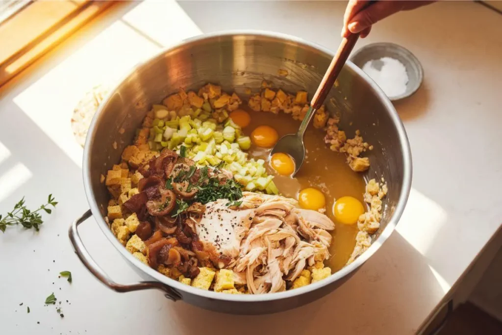 A well-lit photo of a mixing bowl on a countertop filled with chicken and dressing mixture, including crumbled cornbread, sautéed celery, caramelized onions, chicken broth, herbs, and roasted shredded chicken, with eggs binding everything together.