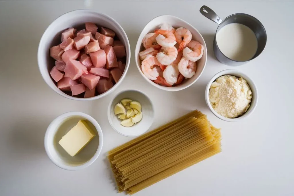 Overhead shot of fresh ingredients for chicken and shrimp Alfredo sauce, including diced chicken, deveined shrimp, heavy cream, Parmesan, butter, garlic, and uncooked fettuccine on a clean white countertop