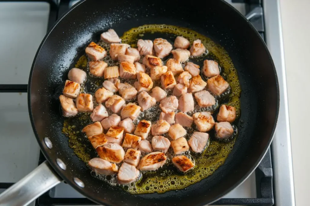 An overhead shot of diced chicken cooking in a skillet with a splash of olive oil, golden-brown and crispy, with natural lighting highlighting the texture