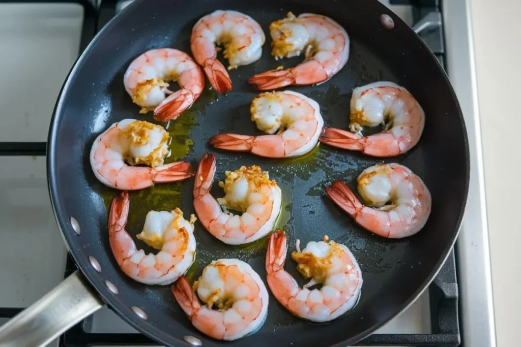 Overhead shot of shrimp cooking in a black skillet with olive oil, turning pink and caramelized with golden edges, set in a clean kitchen