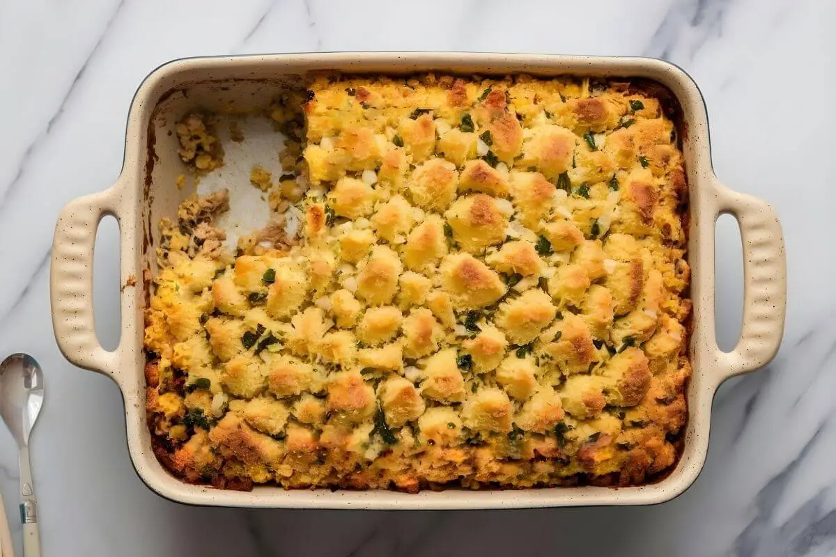 A freshly baked cornbread dressing in a beige ceramic dish, with a crispy top and speckled herbs, served on a white marble countertop.