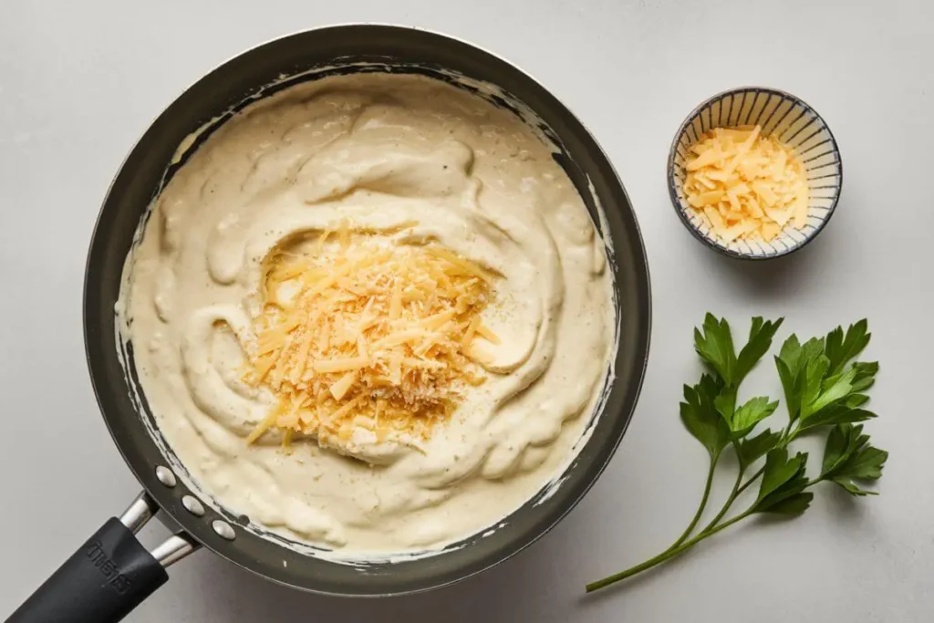  A top-down view of a frying pan with creamy Alfredo sauce, topped with grated Parmesan and fresh parsley, with a bowl of extra Parmesan on the side