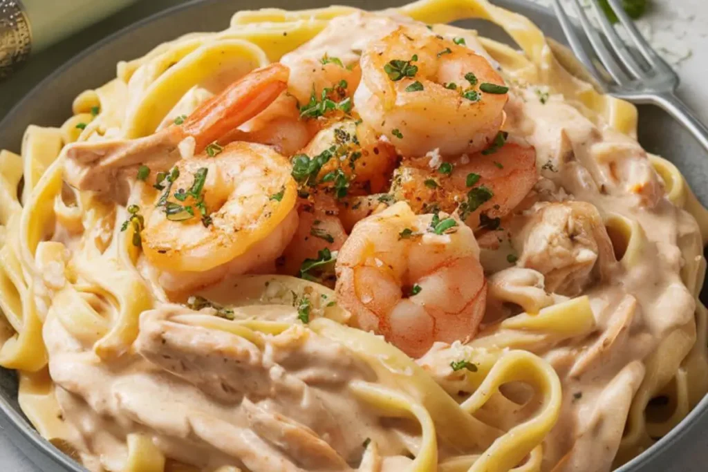 Close-up shot of creamy fettuccini Alfredo with chicken and shrimp, garnished with parsley and Parmesan cheese, showcasing a rich and velvety texture.