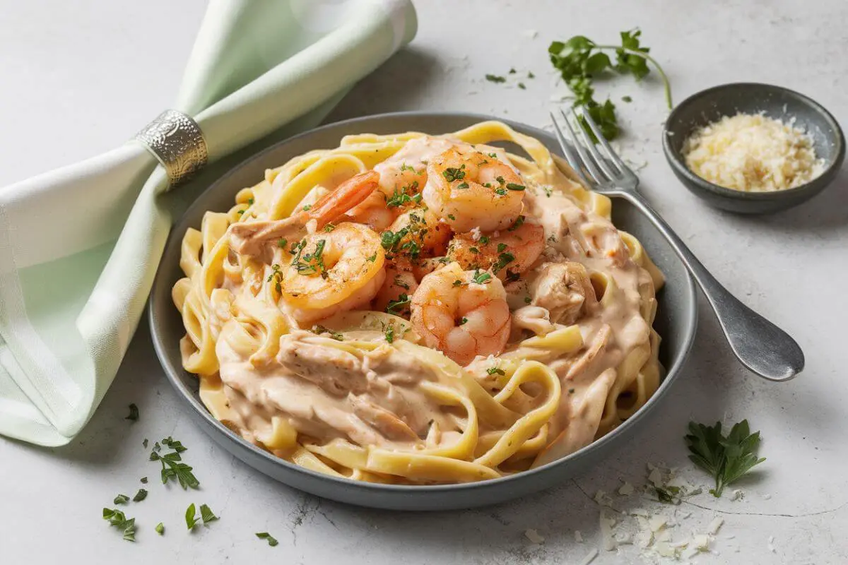 Plate of Chicken and Shrimp Alfredo Sauce with creamy fettuccine, shrimp, diced chicken, parsley, and a fork on a white surface.