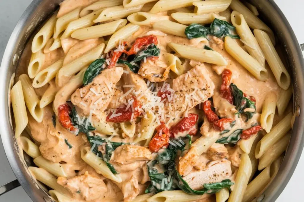 An overhead shot of creamy marry me chicken pasta with chicken, sun-dried tomatoes, and spinach in a skillet