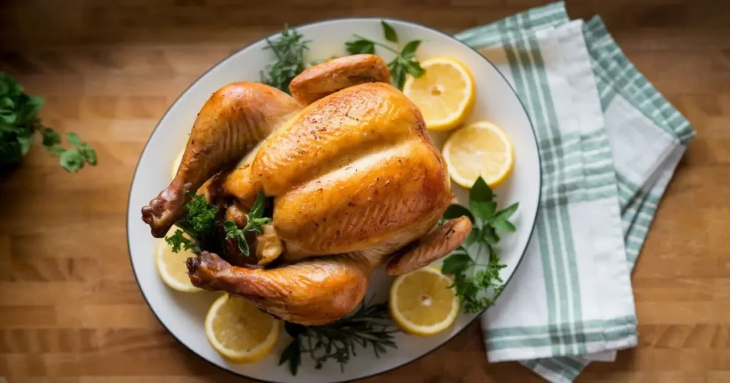 A crispy golden roast chicken, perfectly cooked after being brined using a simple chicken brine recipe, highlighting the brined chicken outcome.