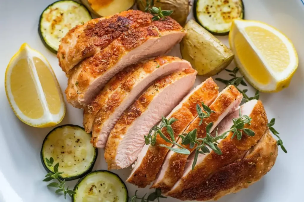 Close-up of crispy golden-brown chicken breasts served with roasted potatoes, zucchini, and fresh herbs.