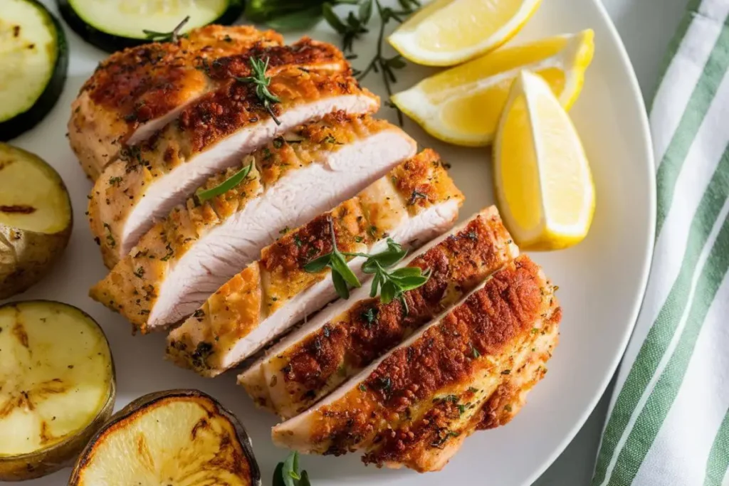 Golden-brown air fryer chicken breasts served with roasted potatoes, zucchini, and fresh herbs.