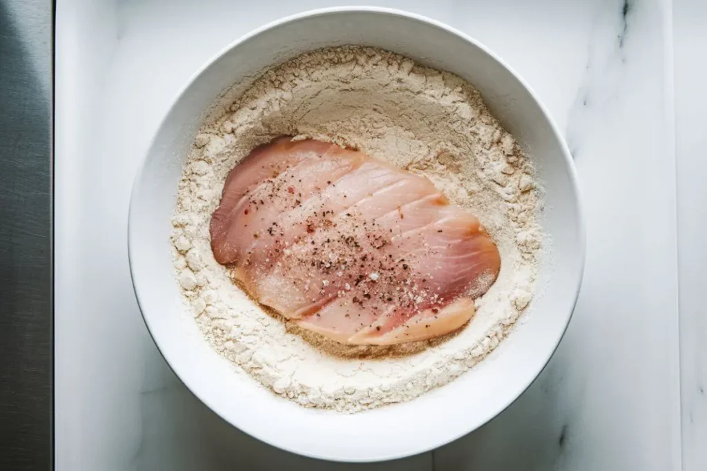 Chicken breast seasoned and coated with flour in a large white bowl