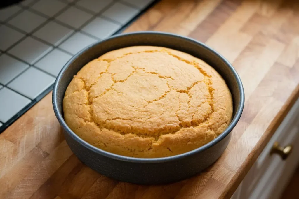 A freshly baked golden-brown cornbread in a greased baking dish on a wooden countertop, with slightly crisp edges and a cozy kitchen background.