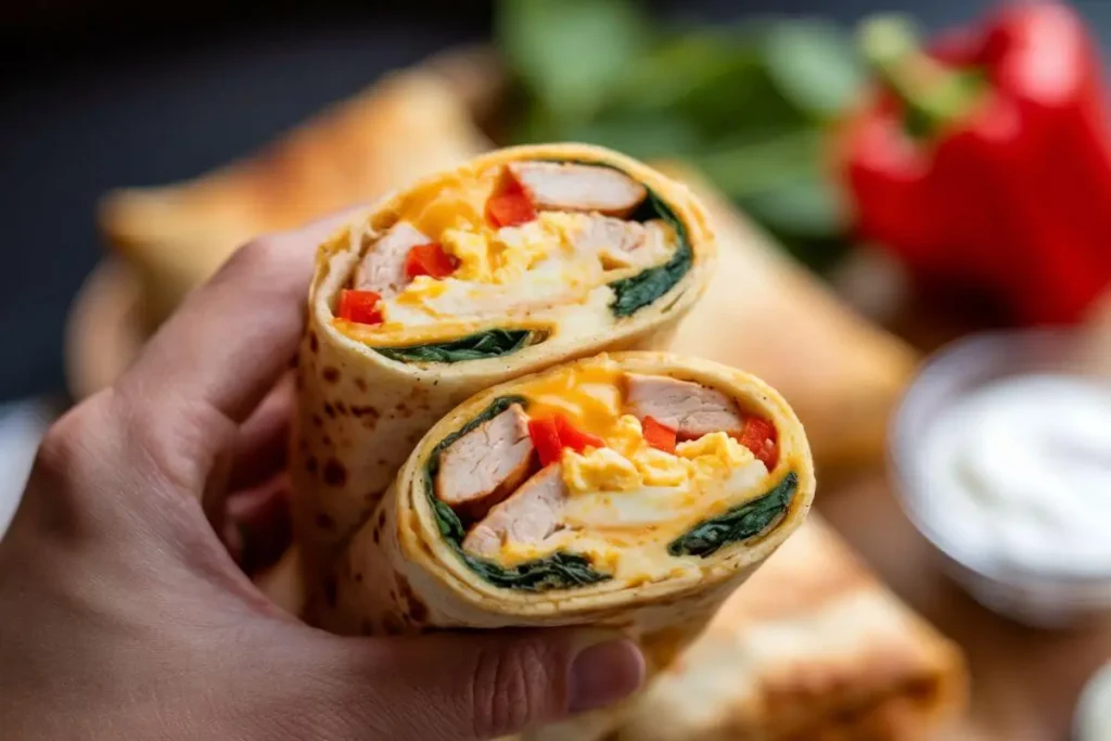 Breakfast Burrito Healthy Macros: Close-up of a hand holding an open breakfast burrito revealing a nutritious filling of chicken, eggs, and vegetables