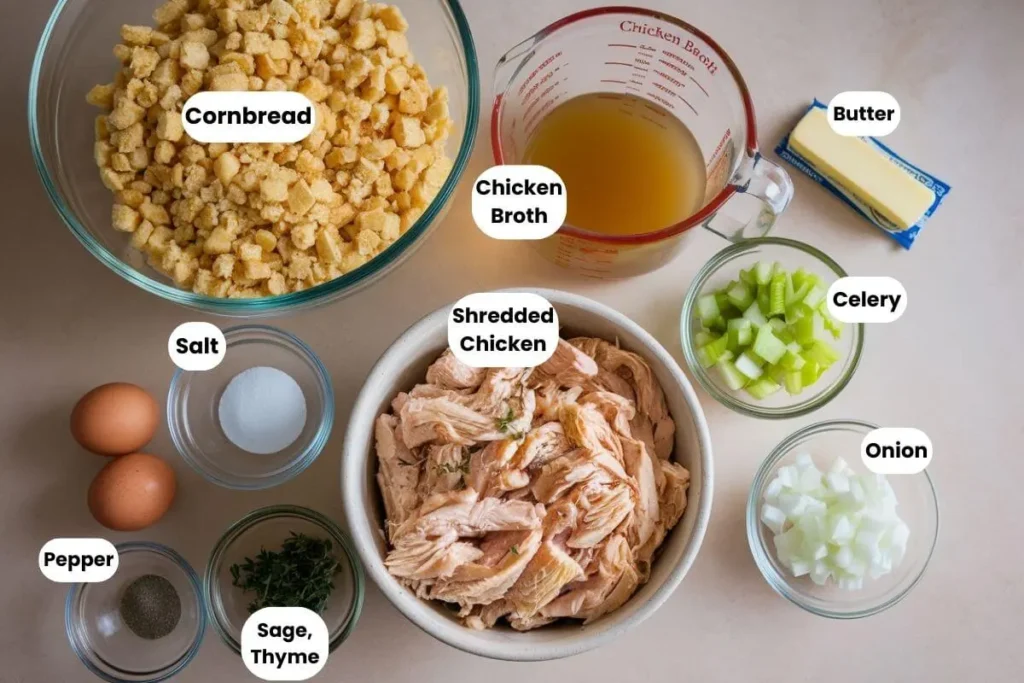 Top-down view of labeled chicken and dressing ingredients on a kitchen countertop, featuring cornbread crumbles, chicken broth, shredded roasted chicken, chopped celery, onion, butter, eggs, salt, pepper, and fresh herbs like sage and thyme.