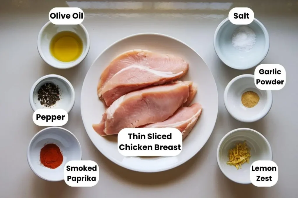 Labeled ingredients for air fryer chicken breast recipe with chicken, spices, olive oil, and lemon.