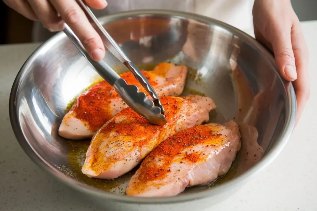 Chicken breasts marinating in a bowl with seasoning mix for air fryer recipe.