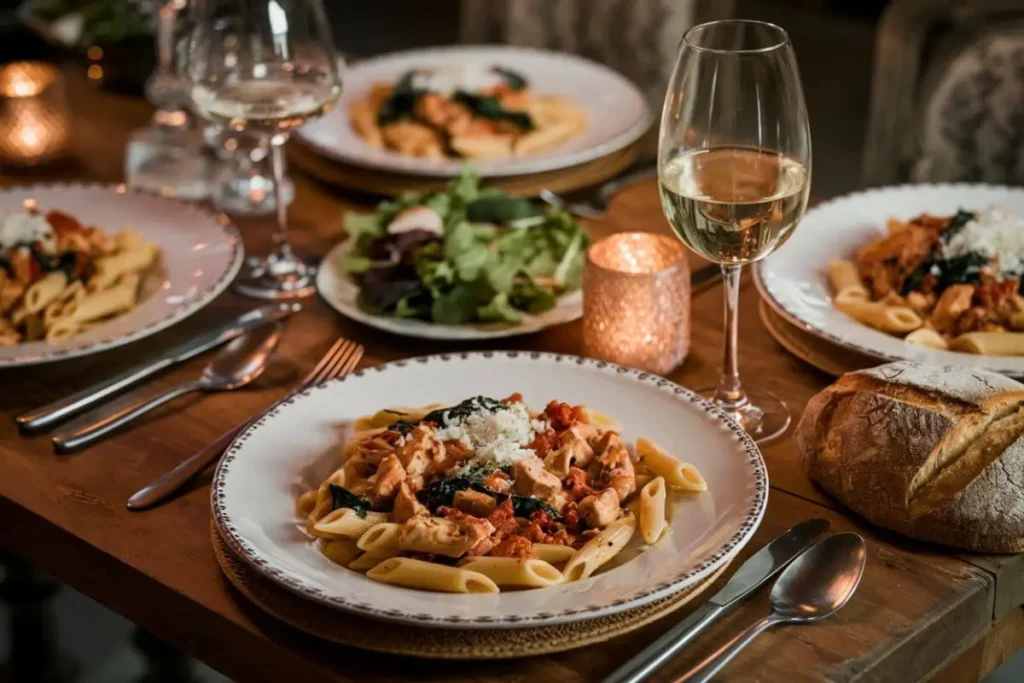 Elegant dinner plates with creamy penne pasta, chicken, sun-dried tomatoes, spinach, Parmesan cheese, and pepper, set in a cozy, romantic dining scene