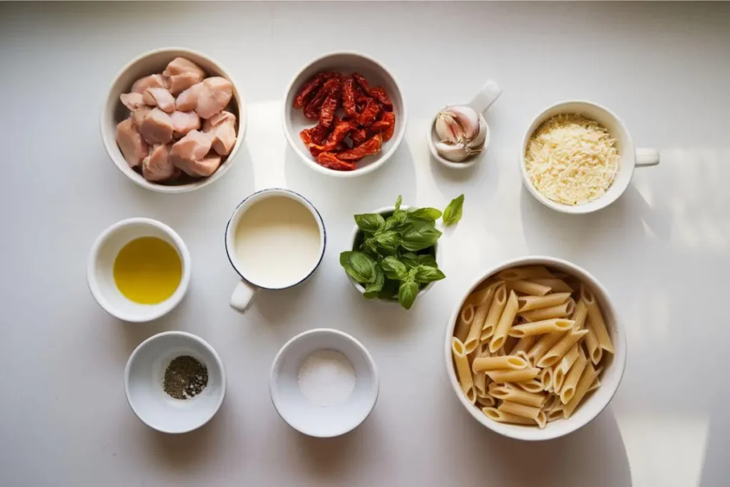 Ingredients for marry me chicken pasta: chicken, sun-dried tomatoes, garlic, cream, Parmesan, basille,salt and pepper,olive oil