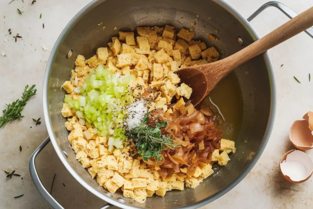 Large mixing bowl filled with crumbled cornbread, sautéed celery, caramelized onions, chicken broth, fresh herbs, and beaten eggs, stirred with a wooden spoon on a well-lit countertop.