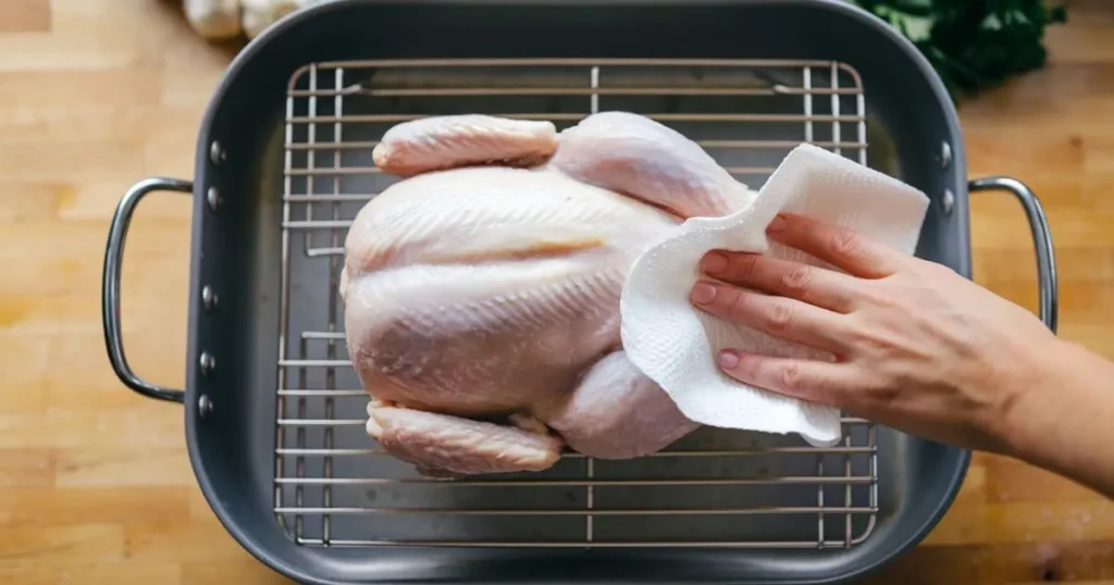 Patting the brined chicken dry before roasting, an important step in the simple chicken brine process.