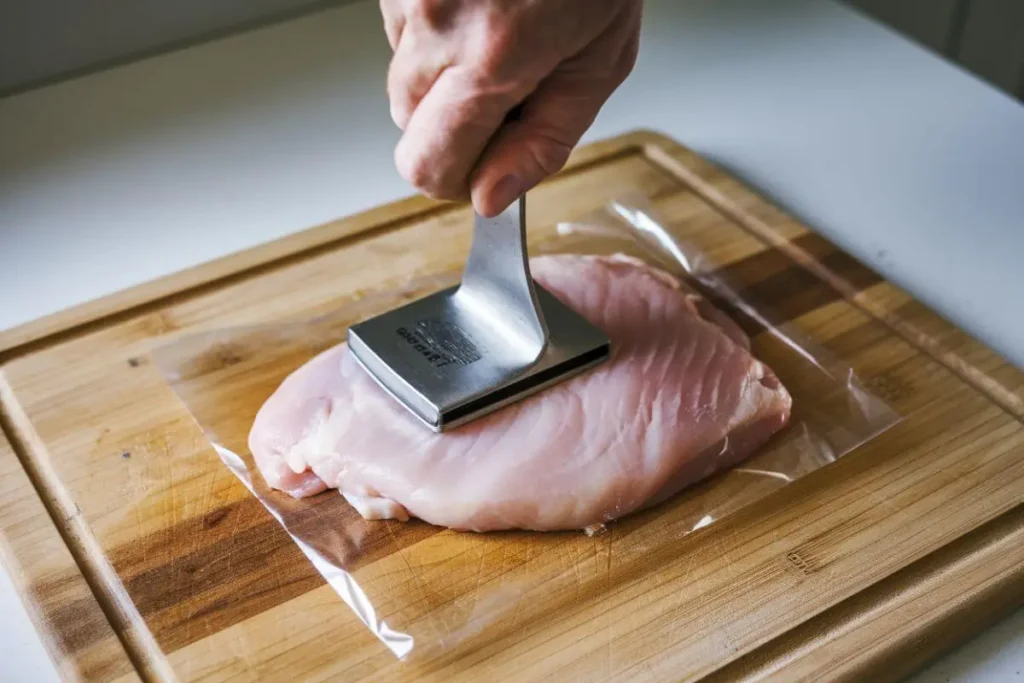 Chicken breast wrapped in plastic being pounded with a meat tenderizer on a cutting board