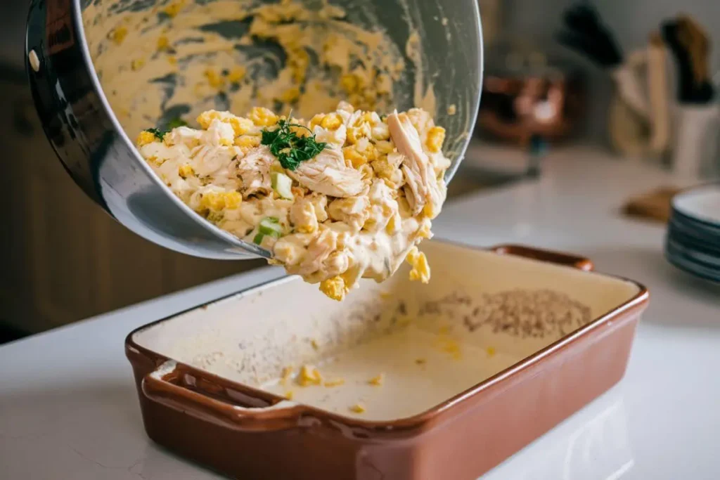 Pouring creamy cornbread dressing mixture into a greased rectangular ceramic dish. The mixture includes crumbled cornbread, sautéed celery, caramelized onions, chicken broth, fresh herbs, and shredded roasted chicken. The dish is clean and empty, set on a white countertop with a blurred kitchen background.