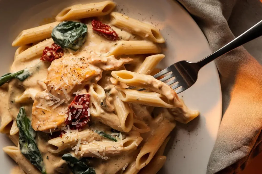 Close-up of Marry Me Chicken Pasta Recipe with chicken, sun-dried tomatoes, spinach, and Parmesan