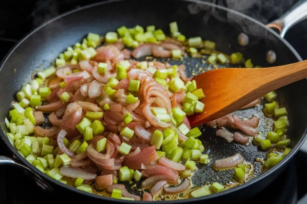 Sautéed celery and caramelized onions in melted butter, stirred with a wooden spatula in a skillet, with steam rising and a stovetop background.