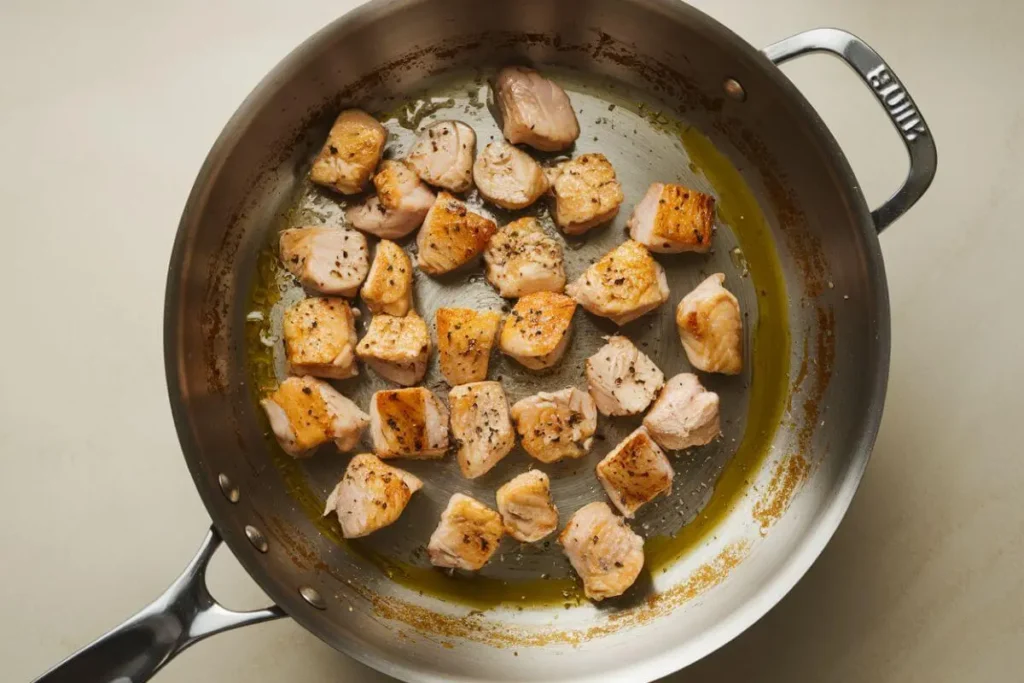 Chicken pieces being seared for marry me chicken pasta