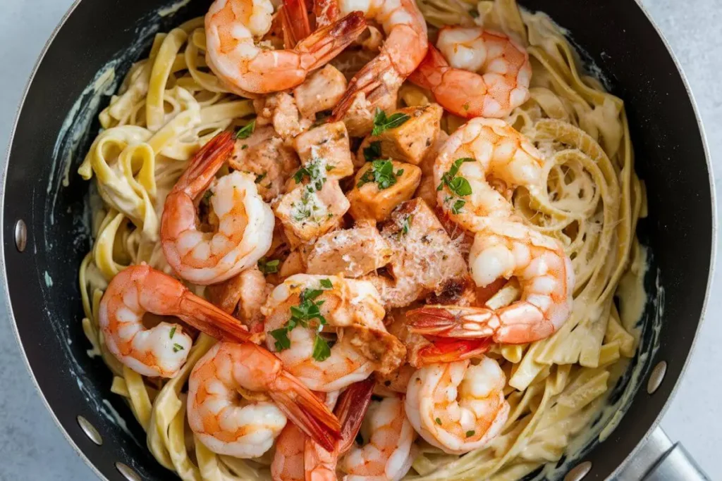 An overhead shot of a frying pan with shrimp, chicken, fettuccini, creamy Alfredo sauce, and garnished with parsley and Parmesan